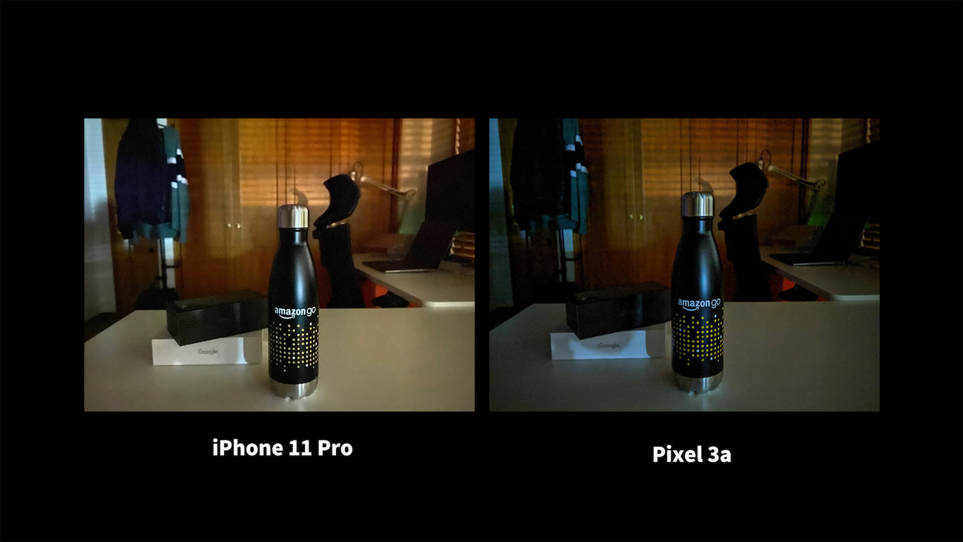 iPhone 11 Pro Pixel 3a ナイトモード 比較 Amazon GO 水筒